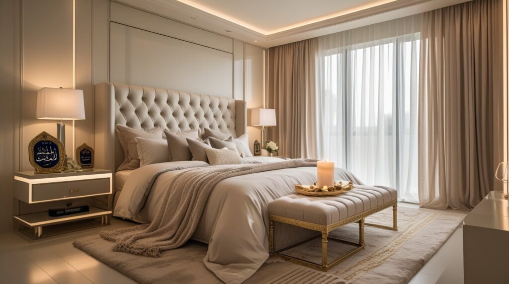 Elegant bedroom retreat with luxury bedding, neutral tones, and a side table featuring the Quran, scented candle, and fresh flowers for Ramadan relaxation.