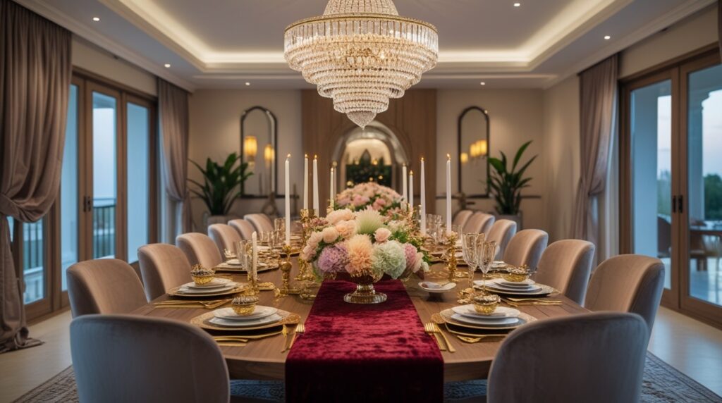Elegant dining space decorated for Iftar with a velvet table runner, crystal chandelier, and a luxurious centerpiece of roses and candles.