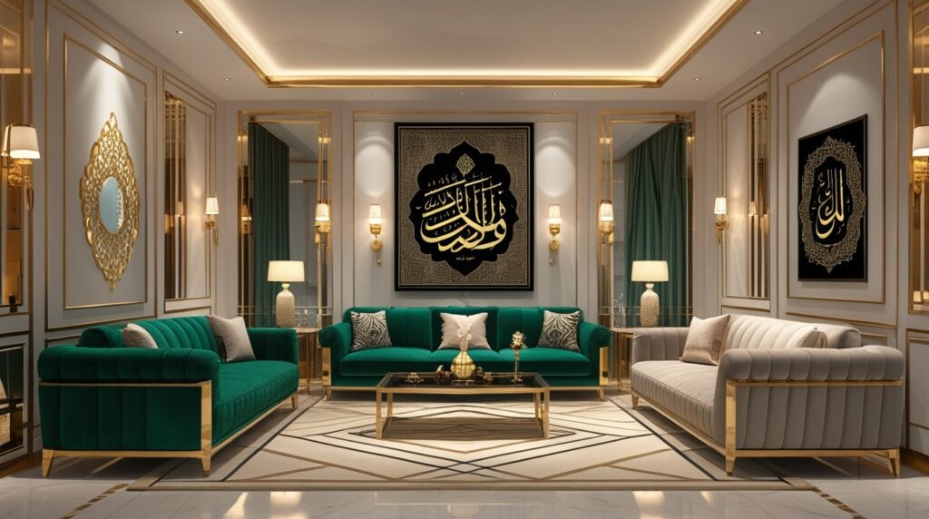 Luxuriously designed home interior featuring elegant dining setup, serene prayer corner, and cozy living space, styled for Ramadan with rich textiles, ambient lighting, and Islamic decor.