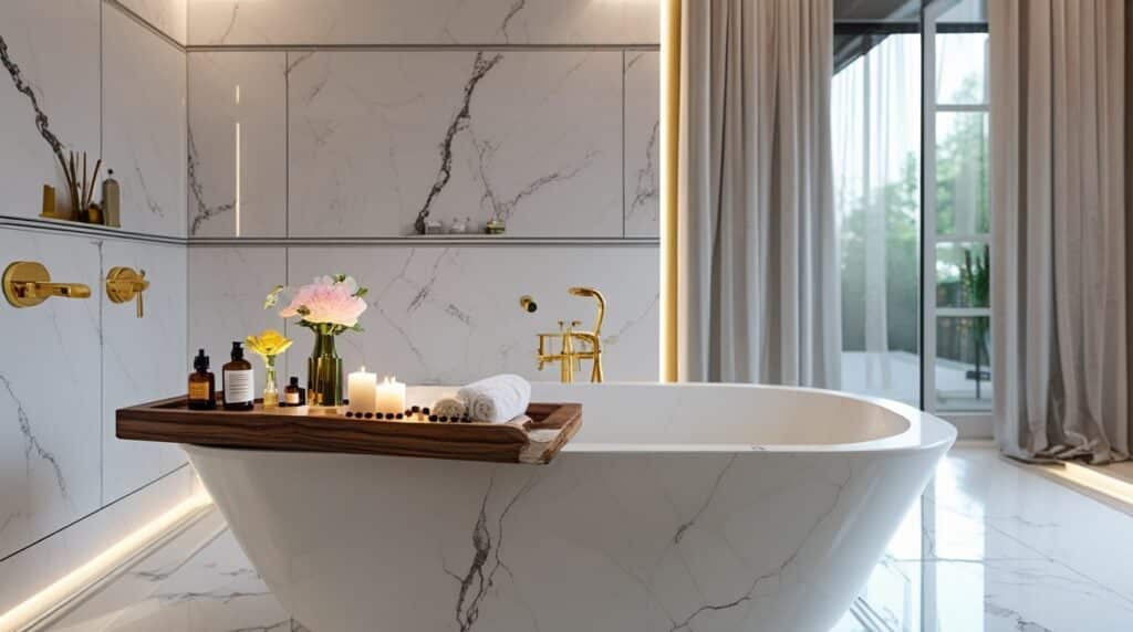 Elegant bathroom with plush towels, aromatherapy candles, and gold fixtures creating a spa-like retreat for relaxation during Ramadan.