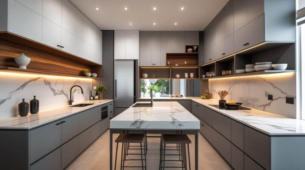 Modern luxury kitchen with marble countertops, open shelves displaying elegant serveware, and warm under-cabinet lighting for Ramadan preparations.