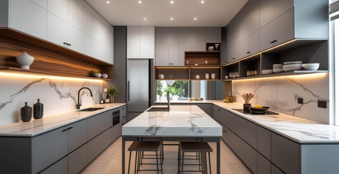 Luxury Kitchen Upgrades Modern luxury kitchen with marble countertops, open shelves displaying elegant serveware, and warm under-cabinet lighting for Ramadan preparations.