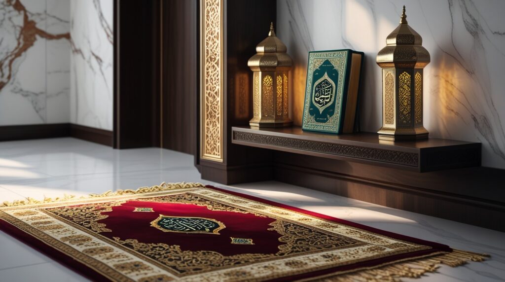 Tranquil prayer corner with a luxury prayer rug, wooden Quran shelf, and soft ambient lighting creating a peaceful Ramadan atmosphere.