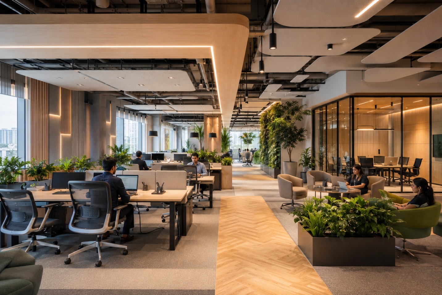Key elements of modern office interior design with ergonomic workspaces