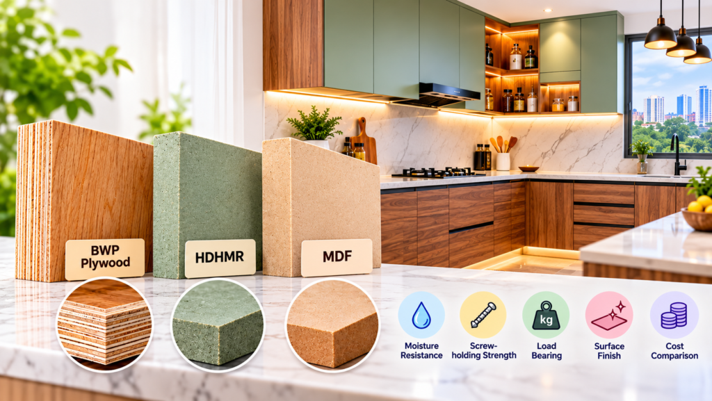 Best Material for Modular Kitchen Cabinets in Bangalore: BWP vs HDHMR vs MDF